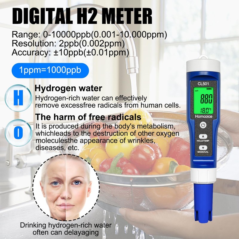 Homcoice pH Chlorine Meter Pool 5-in-1, pH Chlorine ORP H₂