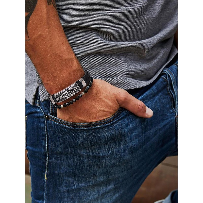 Bandmax Masonic Freemason Bracelet for Men Black Leather Freemason Masonic