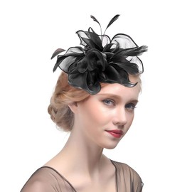 Ladies Women Fascinator Hat Feather Mesh Flower Wedding Party Hat Derby Hat with Clip and Hairband Retro Cocktail Tea Party Headwear Bridal Church Fascinator Head Piece Headwear Black