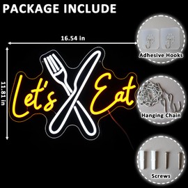 Folkive Let's Eat Neon Sign for Wall Decor Dimmable Knife Fork Led Sign for Restautant Lets Eat Neon Light for Kitchen Cafe Food Bar Cooking Dining Room Luncheonette Bistro Party Decoration