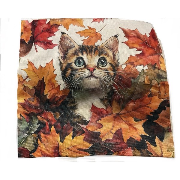 Cat Kitty Fall Leaves Fall Thanksgiving Linen Throw Pillow Cover