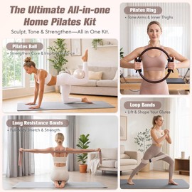 GINMIC Pilates Kit, Pilates Equipment for Women Home Workouts, at Home Pilates Set with Pilates Ring, Pilates Ball, Long and Loop Resistance Bands, Pilates Socks, Massage Ball, Guide & Bag - Brown