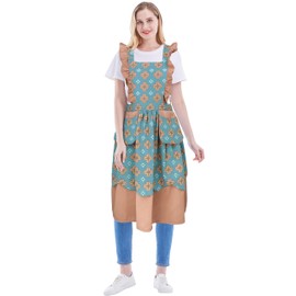 Nanxson Aprons for Women with Pockets Floral Cute Cotton Apron for Cooking Pinafore Dress H-Shaped Back for Gardening Baking, Coffeegreen, One Size