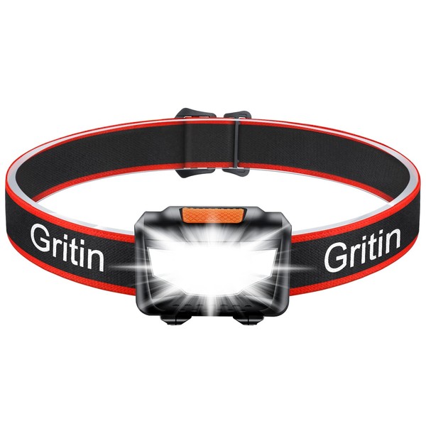 Gritin LED Head Torch, COB Headlamp Super Bright Headlight, Adjustable with 3 Modes, Lightweight for Running, Camping, Fishing