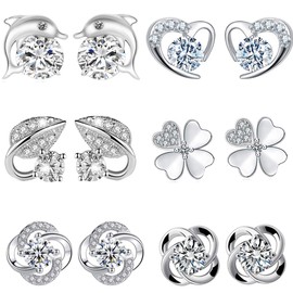 CICINIO - Juego de aretes para mujer, 6 pares de aretes con circonita cúbica, de plata de ley 925, hipoalergénico, redondo.