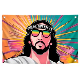 3x5 Ft Funny Christian Jesus Polyester Flag "Deal With It" with Four Brass Grommets - Religious Colorful Cool Banner for Wall Decor - Khristian Jesus American Flag for 4th of July - God Flag for Home