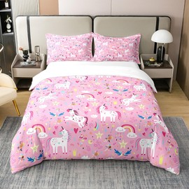 Pink Unicorn 100% Nature Cotton Duvet Cover,Watercolor Rainbow Stars Girly Crown Bedding Set for Room Decor,Dreamy Colorful Flowers Plants All Season Comforter Cover (No Comforter) Twin Size