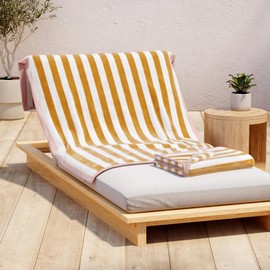 Great Bay Home 100% Cotton Velour Beach Towels - 2 Pack Oversized (35" x 70") Stripe Border Pool Towel - Quick Dry, Absorbent, Ultra-Soft (Marigold/Dusty Rose)