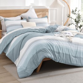 Litanika Light Blue Comforter King Size Set, 3 Pieces Bedding Set, Blue White Colorblock Stripe (104x90In Comforter & 2 Pillowcases)