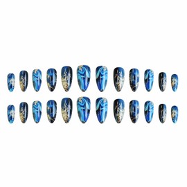 MERVF Almond Press on Nails Medium Fake Nails Blue Marble Design Glue on Nails Gold Press ons Stiletto Acrylic False Nails for Women Glossy 24pcs