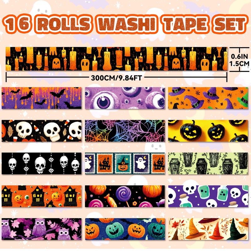Joysoong Halloween Washi Tape Set, 16 Rolls Pumpkin Decorative for