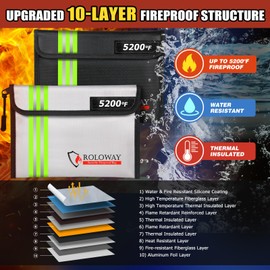 ROLOWAY Fireproof Bag (9.6 x 6.6 inches) 5200°F Heat Insulated with Reflective Strip, Fireproof Money Bag with Zipper for Cash, Fireproof Safe Bank Bag, Fireproof Money Organizer for Cash (2-Pack)