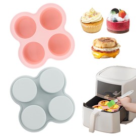 Reusable Silicone Air Fryer Egg Mold, 2 Pcs 4 Cavity Non-Stick Air Fryer Baking Pan with Oil Brush, Silicone Muffin Pans Muffin Cups for Baking, Hamburger Bun Pan(pink,blue)