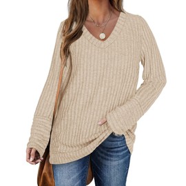 PLOKNRD Women's Winter Casual Long Sleeve Oversize Sweater V-Neck Lightweight Tops, apricot