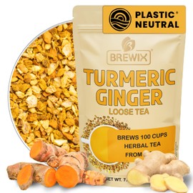 BREWIX, Turmeric Ginger Loose Herbal Tea (100+ Cups, 7.05oz/200g) Caffeine & Gluten Free | Ginger Root Tea | Savory & Spicy