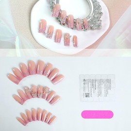 RTKHFZE Medium Length Press on Nails Square Fake Nails French Tip Pink Glitter False Nails with Designs Metal Butterfly and Rhinestones Acrylic Nails Stick on Nails for Women and Girls 24Pcs