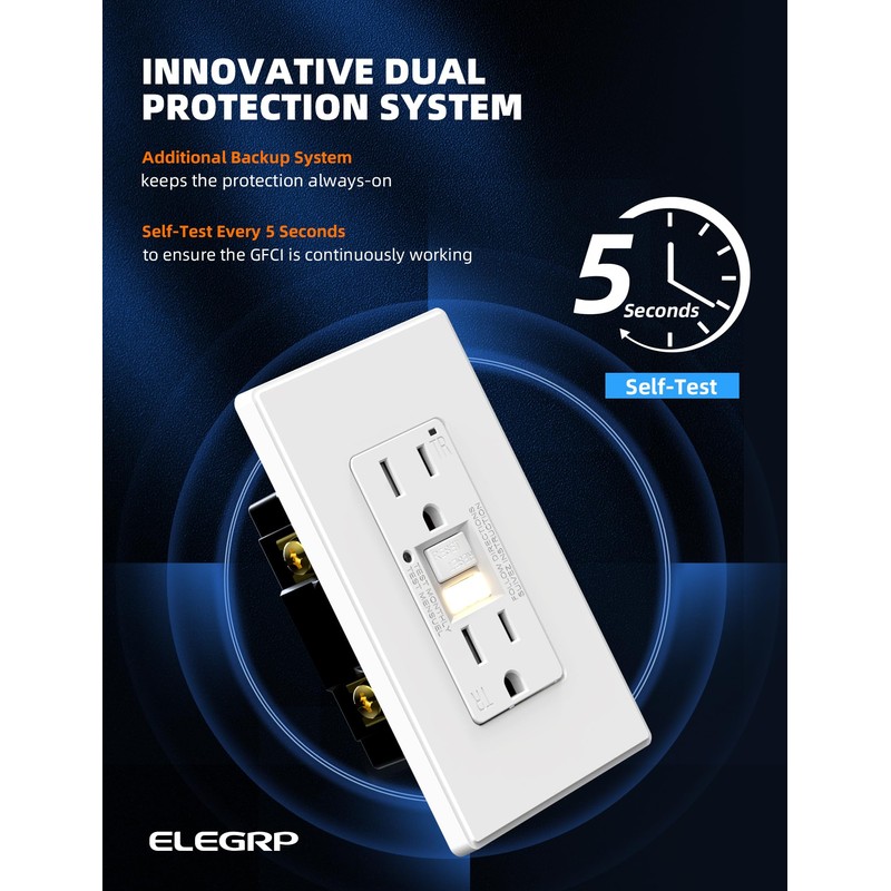 ELEGRP GFCI Outlet w/Nightlight, 15 Amp Self-Test GFI Electrical Outlet,