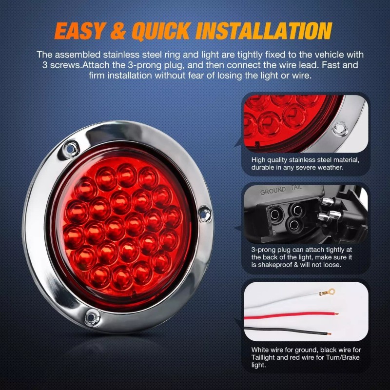 Nilight 4 Round Trailer Tail Light 2PCS 24LED Red Stainless
