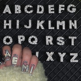 Letter Nail Charms Silver Alloy 26 Pcs, 3D Glitter Letter Charms for Nails Crystals English Alphabet Diamonds Metal Gems Nail Rhinestones Shiny Nails Art Jewels Supplies for DIY Manicure Accessories