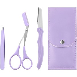 Pxiryanlow 3 Pcs Purple Eyebrow Scissor Trimmer Razor Facial Hair Shaper with PU Leather Case