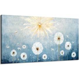 Nicetop Large Canvas Wall Art for Living Room- Floral Landscape Artwork Gallery Wrapped Nature Wildflower Dandelion Print Botanical Flower Picture Bedroom Office Decor,Blue and White, 48x24 Inch