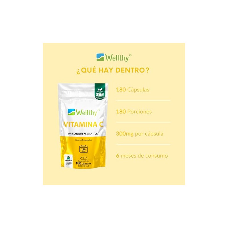 Wellthy Vitamina C 180 Cápsulas. 300mg, Solo 1 Cápsula al