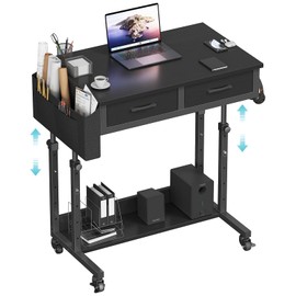 Small Portable Rolling Standing Desk - 32 Inch Adjustable Mobile Stand Up Gaming Desks with 2 Fabric Drawers on Wheels, Couch Sofa Side Laptop Table with Storage for Home Office, Black