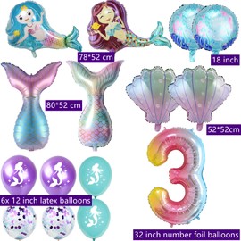 Mermaid Balloons 3rd Birthday Girl Decoration, Mermaid Decoration 3rd Birthday Girl, Birthday Decoration 3 Years Girls, Mermaid Theme Balloons for 3 Girls Birthday Party Decoration