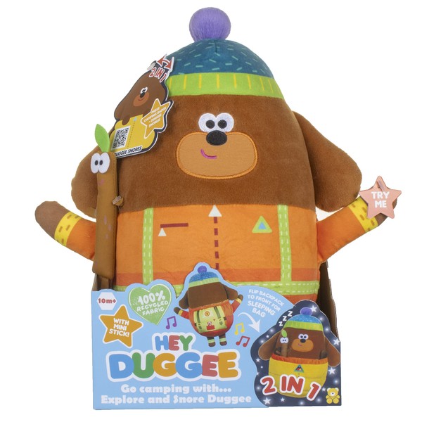 Hey Duggee Sounds & Music - Explore and Snore Camping Duggee with Sticky Stick and Reversible Sleeping Bag Sustainable Recycled Soft Toy. 2 in 1! Includes QR Activities (2174), Orange