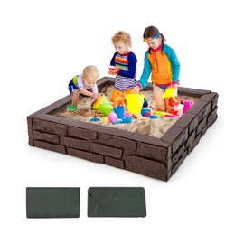 HONEY JOY Sandbox with Cover, 47x47 Inch Square Sand Pit for Backyard, Bottom Drainage Oxford Liner, HDPE Playful All Weather Resistant Sand Boxes for Kids Outdoor with Lid (Brown)