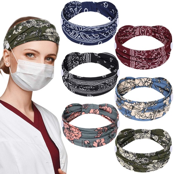 6 Pieces Boho Bandana Headbands with Buttons for Nurses Doctor Women Yoga Sports Running Button Headband Wide Stretchy Headwrap Elastic Hair Band for Face Covering Unisex Ears Protection