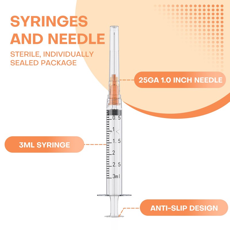 25Pcs 3ml Syringes with 25 Gauge 1 Inch Needle, Luer