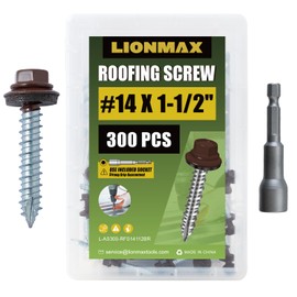 LIONMAX Metal Roofing Screws #14 x 1-1/2 Inch, 300-PCS, Brown Painted Hex Head Sheet Metal Screw with Rubber Washer, Sharp Point, for Roofing and Siding, Hex Socket Included