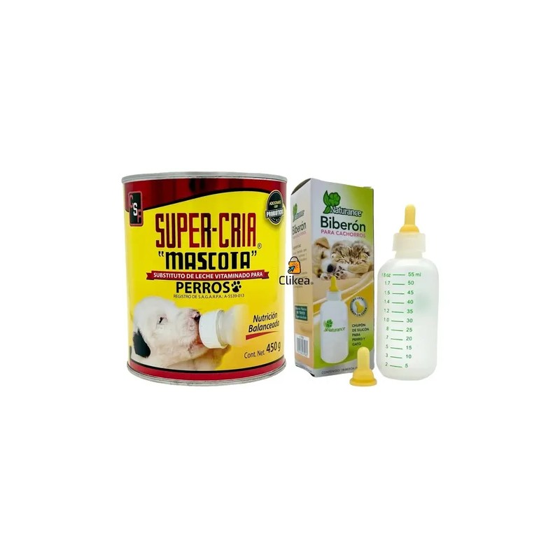 Kit Leche Super Cria Mascota Cachorros 450 Gr Con Biberon
