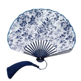 Letaya Women's Fan, Fashionable, Yukata, Summer, White, Navy, Blue, Green, Floral Pattern, Cute, Fan Bag Included, Bamboo Shell, Cool (Navy)