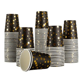 CEILIWEN Pack of 100 Black and Gold Star Paper Cups, 9 OZ/250ml Gold Paper Cups, Paper Party Cups for Both Hot Drinks and Cold Drinks (Black Gold Stars)