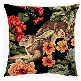 Yapatkwa Belgian Tapestries, Hare & Flowers, Chocolate, Decorative Woven Tapestry Pillow / Cushion Cover, 18" x 18"