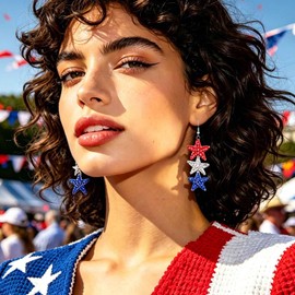 Aksod Patriotic 4th of July Earrings for Women Red White Blue Rhinestone Star & Heart Dangle Drop Earrings Sparkly Layered Independence Day Jewelry USA Themed Holiday Party Accessories (Star)