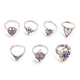 Sttiafay Bohemian Carved Knuckle Stackable Rings Set Vintage Crown Inlay Gemstone Stacking Joint Rings Index Finger Ring Midi Finger Rings Set DIY Jewelry Gifts for Women and Girls (7Pcs) (Style-A)