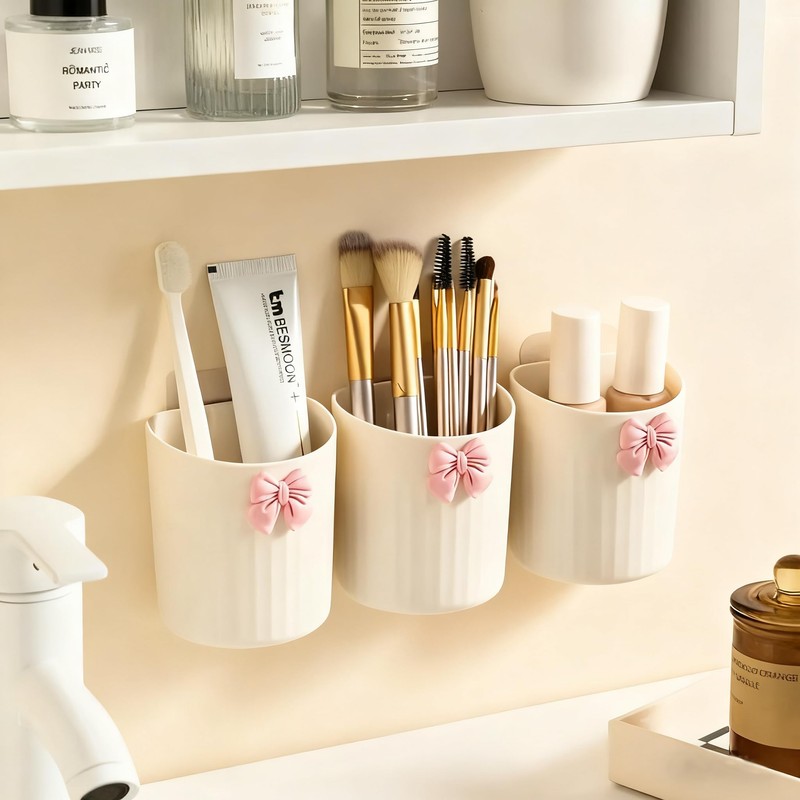Wall-Mounted Plastic Small Makeup Brush Holder with Bow, Self-adhesive Multifunctional