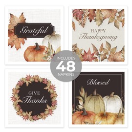 Traditional Thanksgiving Napkins / 48 Napkins / 4 Autumn Watercolor Cocktail Napkin Designs / 4 3/4" x 4 3/4" Fall Harvest Season Beverage Napkin Set/Made in The USA