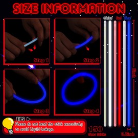 Honoson 150 Pcs Red White Blue 4th of July Glow Stick Bulk, 8 Inch Glow Sticks Bracelets and Necklaces with Connectors Glow in the Dark Sticks Light up Party Favor Patriotic Party Decoration