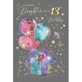 Cherry Orchard Daughter 13th Happy Birthday Card Balloons and Present Design with Gold Foil Detailing and Gold Envelope from