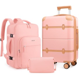 Mosslly Luggage Sets 3 Piece, Expandable 100% PC Hardshell Suitcase with Spinner Wheels, 20in Suitcase Set with TSA Lock for Women, Carry On Luggage with Travel Backpack (Pink, 20 Inch Set)