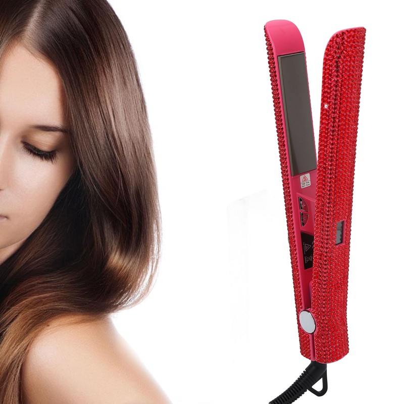 Professional Red Hair Straightener Titanium Curler Straightening Curling Rhinestone Flat