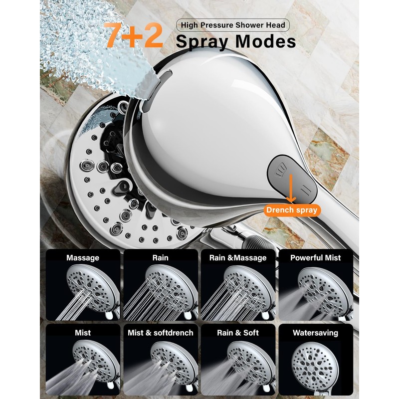 Cobbe Shower Head with Hose, Water-Saving Shower Head with 7+2