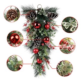 Yueyela 28'' Christmas Teardrop Swag for Front Door with Pinecones, Red Berries, Red Christmas Balls Branches for Xmas Home Indoor and Outdoor Decor (2pcs/Unit)