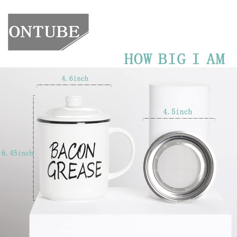 Ceramic Bacon Grease Container Keeper with Strainer (White)