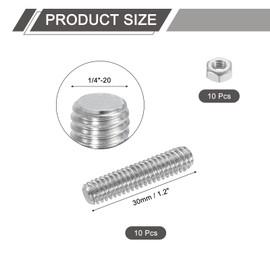 sourcing map 1/4"-20 Fully All Threaded Rod, 10 Pcs 304 Stainless Steel Long Threaded Screw 1.2" Length Right Hand Threads for Furniture Mounting Assembly Fastening