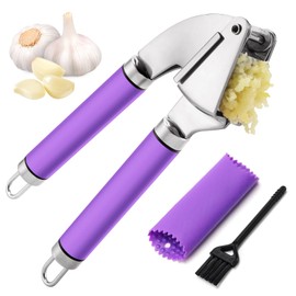 Garlic Press Mincer, 304 Stainless Steel Garlic Press with Garlic Peeler Tube, Heavy Duty Metal Ginger Press, Purple